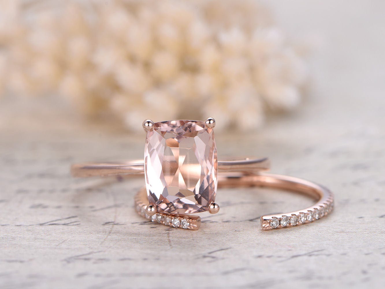 Vintage Morganite Engagement Ring Set Rose Gold 7x9mm Cushion Morganite Diamond Ring Open Gap Wedding Band Antique Promise Ring Bridal Set