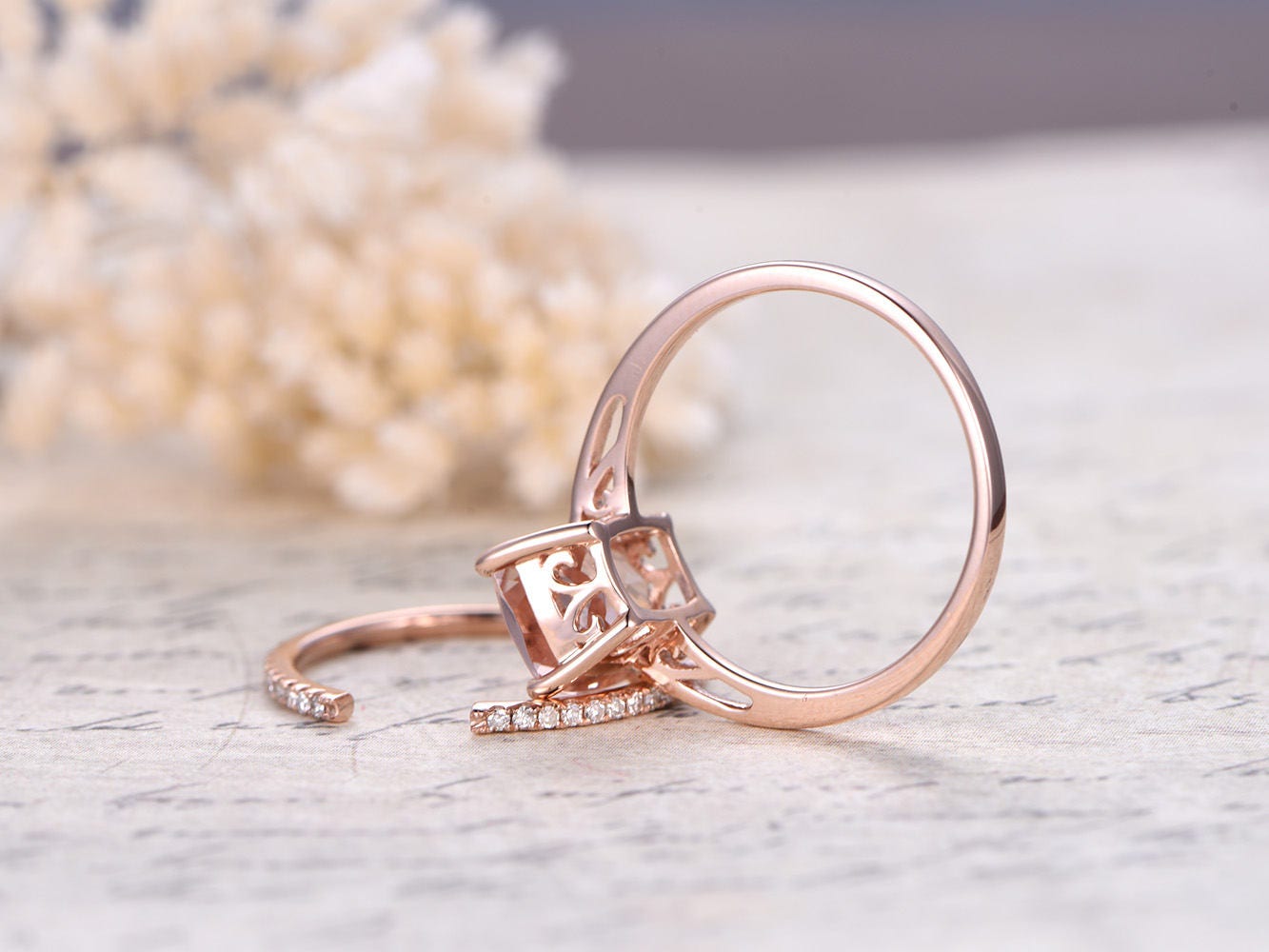 Vintage Morganite Engagement Ring Set Rose Gold 7x9mm Cushion Morganite Diamond Ring Open Gap Wedding Band Antique Promise Ring Bridal Set