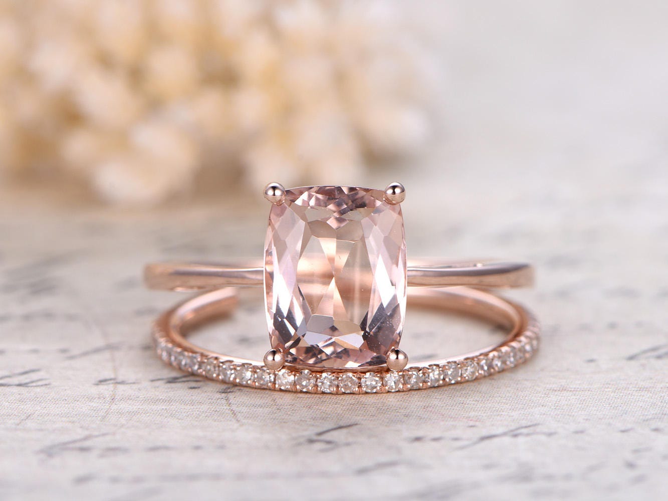 Vintage Morganite Engagement Ring Set Rose Gold 7x9mm Cushion Morganite Diamond Ring Open Gap Wedding Band Antique Promise Ring Bridal Set