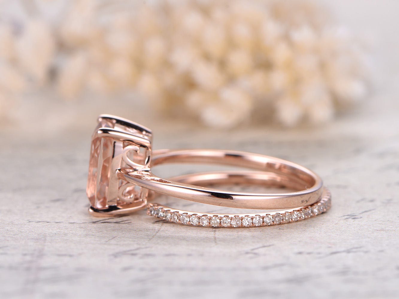 Vintage Morganite Engagement Ring Set Rose Gold 7x9mm Cushion Morganite Diamond Ring Open Gap Wedding Band Antique Promise Ring Bridal Set