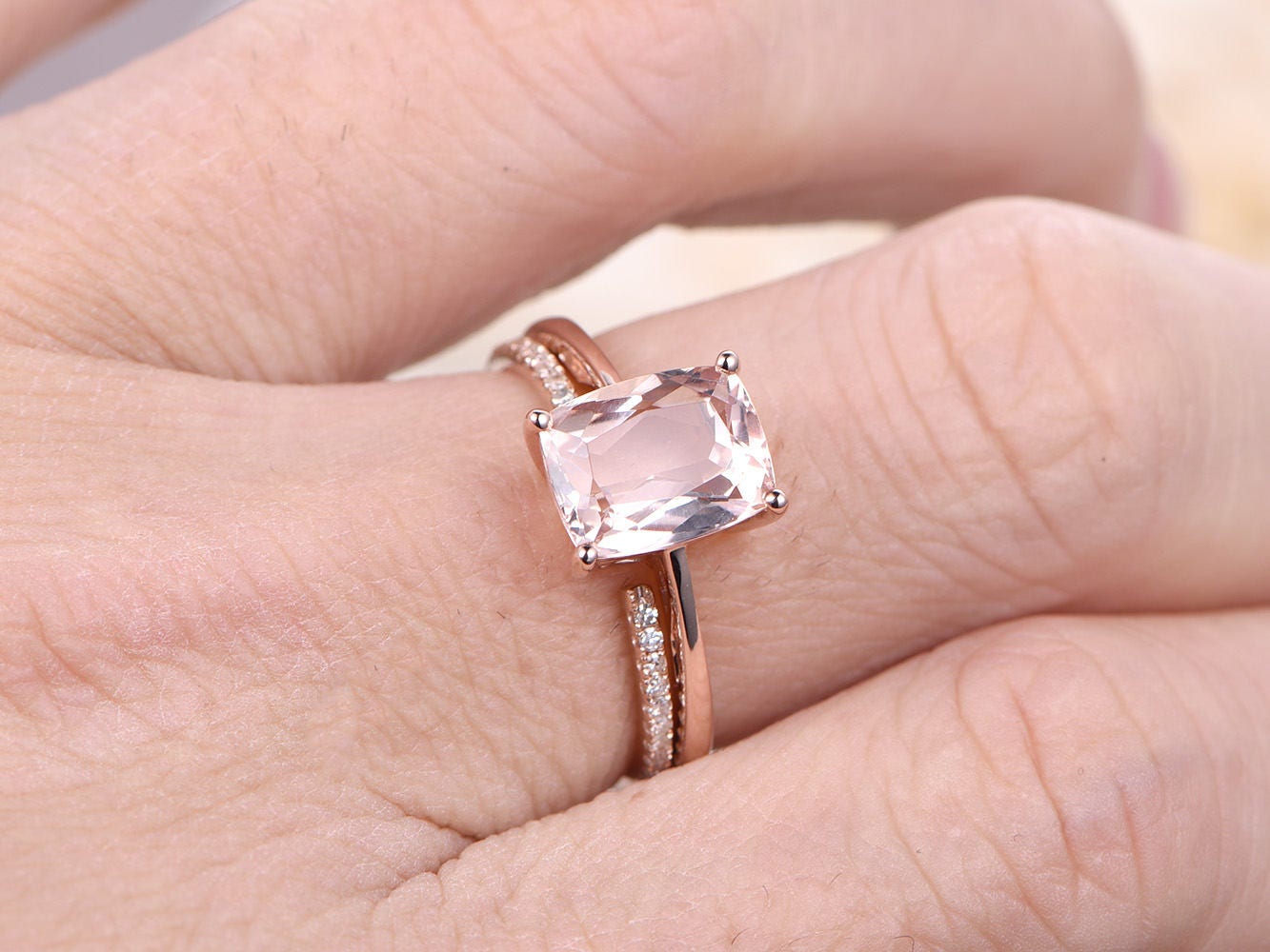 Vintage Morganite Engagement Ring Set Rose Gold 7x9mm Cushion Morganite Diamond Ring Open Gap Wedding Band Antique Promise Ring Bridal Set