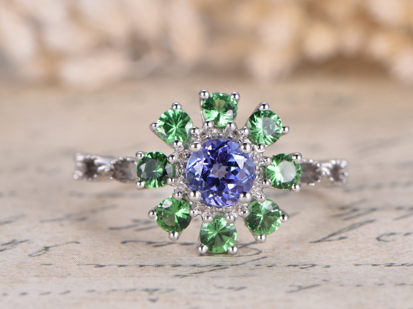 VS natural Tanzanite Engagement Ring 14K White Gold Tsavorite Wedding Band Anniversary Ring Deco Floral Tanzanite Ring Vintage Women Ring