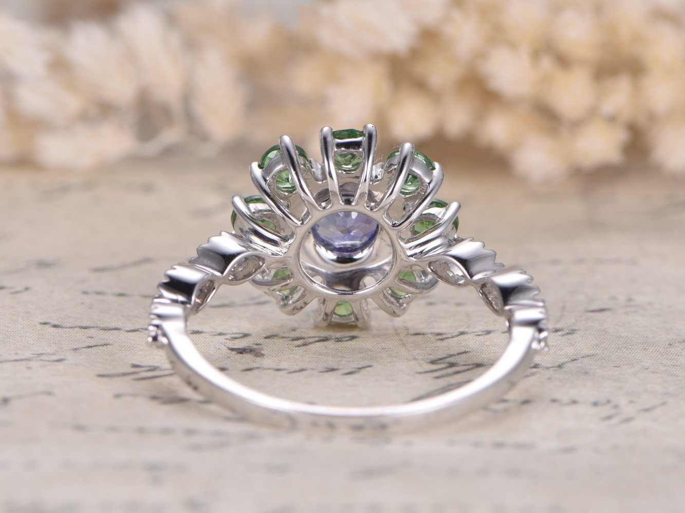 VS natural Tanzanite Engagement Ring 14K White Gold Tsavorite Wedding Band Anniversary Ring Deco Floral Tanzanite Ring Vintage Women Ring