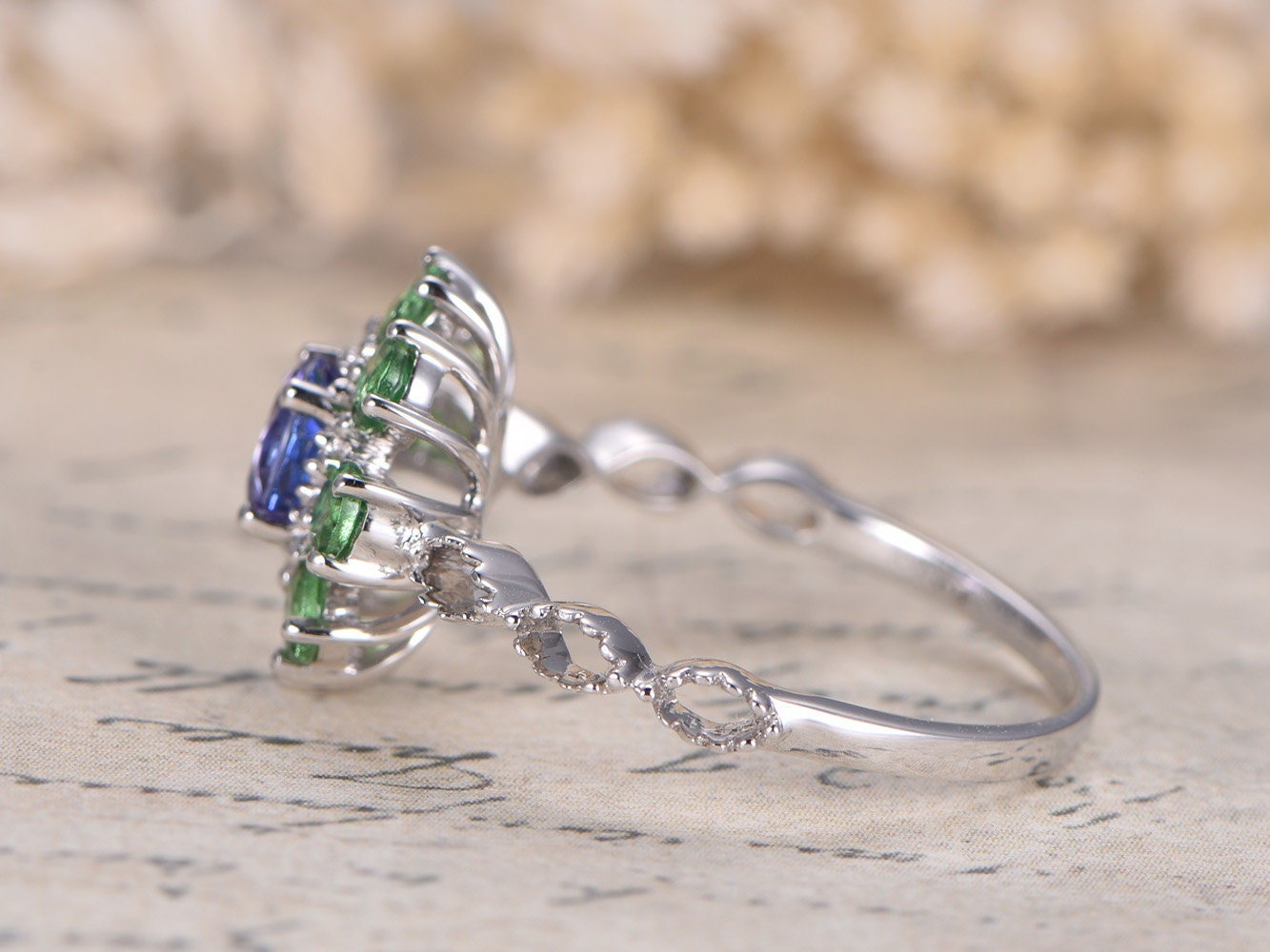 VS natural Tanzanite Engagement Ring 14K White Gold Tsavorite Wedding Band Anniversary Ring Deco Floral Tanzanite Ring Vintage Women Ring