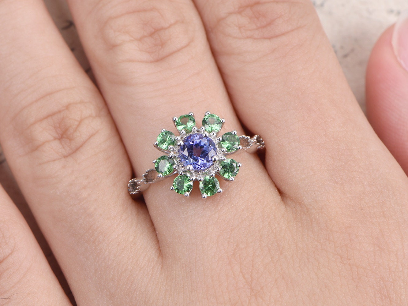 VS natural Tanzanite Engagement Ring 14K White Gold Tsavorite Wedding Band Anniversary Ring Deco Floral Tanzanite Ring Vintage Women Ring