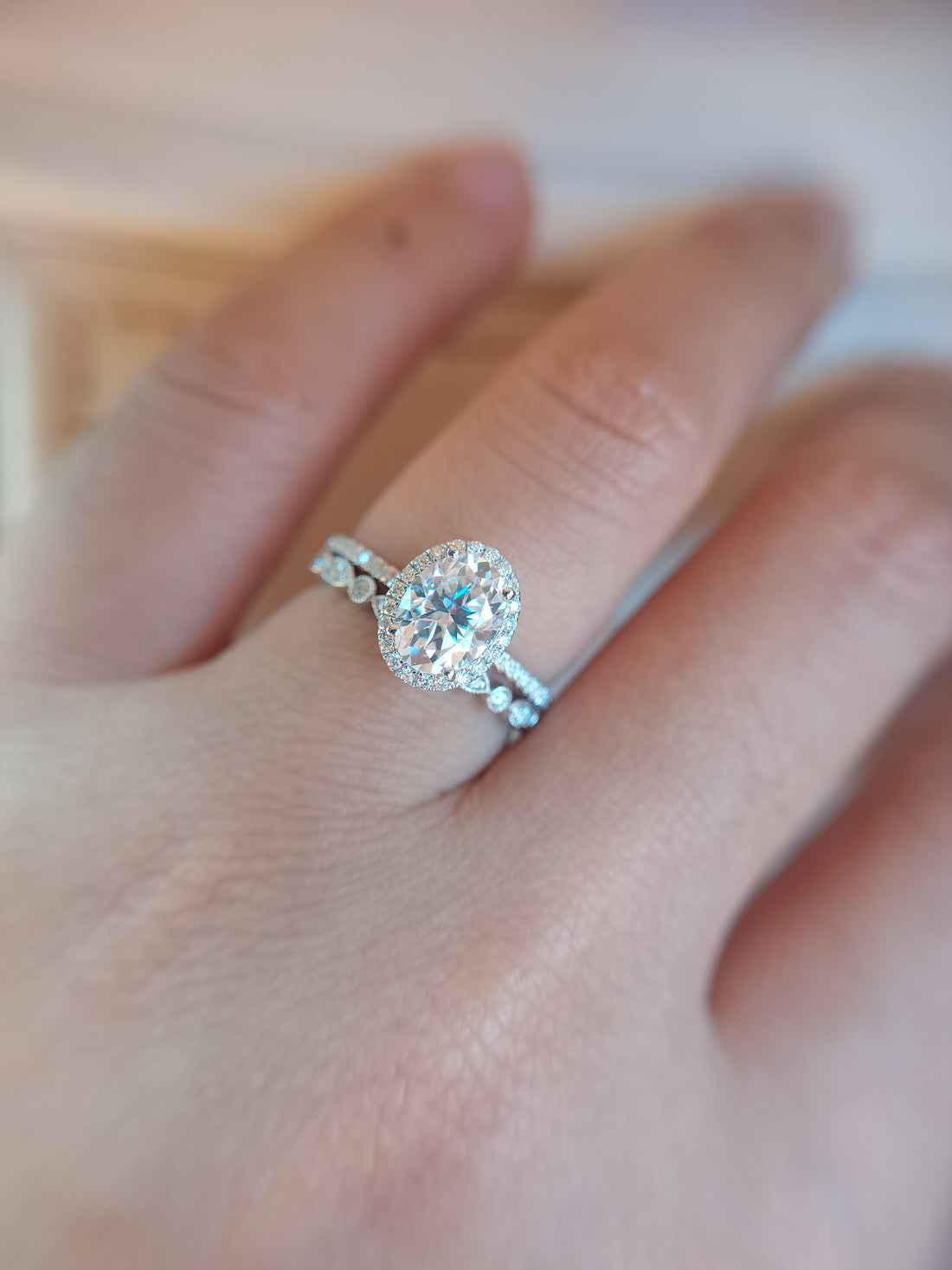 1.5ct oval moissanite engagement ring set vintage moissanite engagement ring diamond halo diamond wedding band
